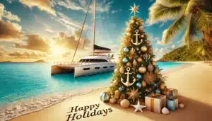 DALL·E 2024-12-23 09.45.51 - A festive Christmas-themed banner with a nautical twist, featuring a beautiful tropical beach setting. The image includes a decorated Christmas tree a